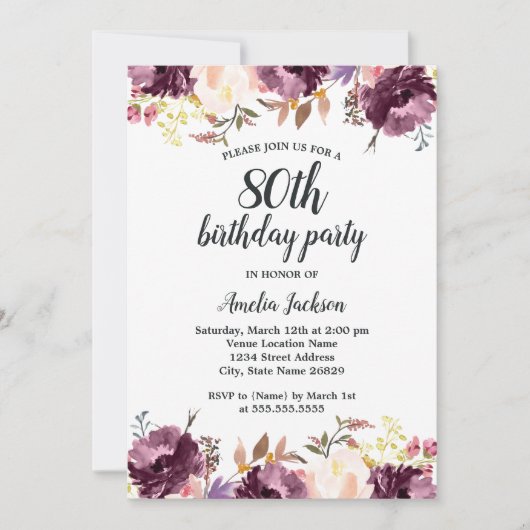 Invitation Aquarelle Purple Floral Bloom 80e anniversaire fêt (Devant)
