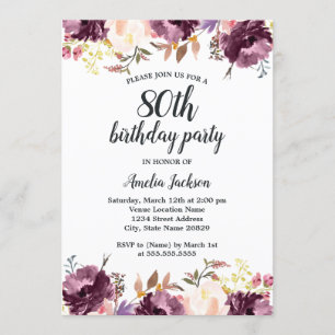 Invitation Aquarelle Purple Floral Bloom 80e anniversaire fêt
