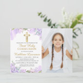 Invitation Aquarelle Purple Floral First Communal Photo (Debout devant)