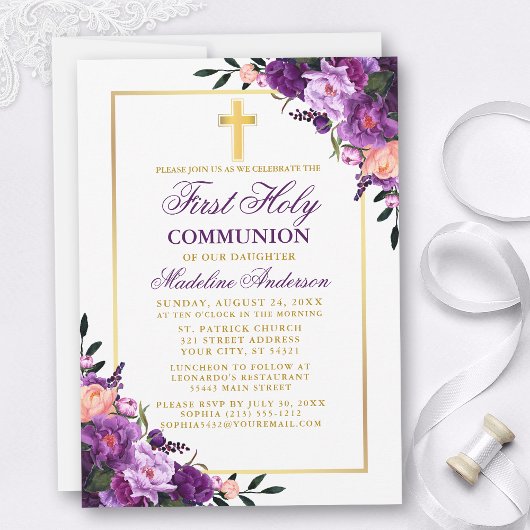 Invitation Aquarelle Purple Floral Gold Première Communion