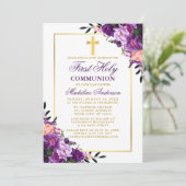 Invitation Aquarelle Purple Floral Gold Première Communion (Debout devant)