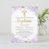 Invitation Aquarelle Purple Floral Gold Script Girl Baptême (Debout devant)