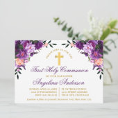 Invitation Aquarelle Purple Floral Première Communion Or (Debout devant)
