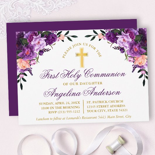 Invitation Aquarelle Purple Floral Première Communion Or