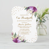 Invitation Aquarelle Purple Gold Flower 100e fête d'anniversa (Debout devant)