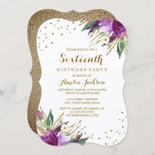 Invitation Aquarelle Purple Gold Flower 16e fête d'anniversai