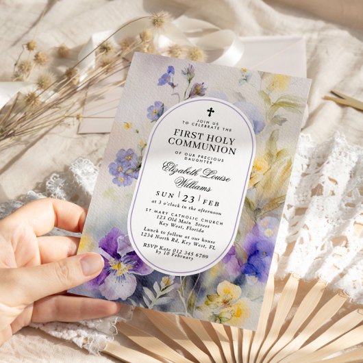 Invitation Aquarelle Purple & Jaune Première Communion Sainte
