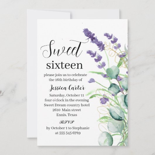 Invitation Aquarelle Purple Lavande Eucalyptus Sweet 16 (Devant)