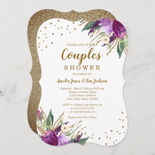 Invitation Aquarelle Purple Or Couples Couples Douche (Devant / Derrière)