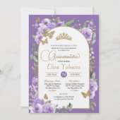 Invitation Aquarelle Purple & Papillon Or Quinceañera (Devant)