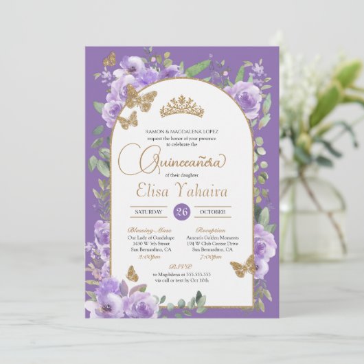 Invitation Aquarelle Purple & Papillon Or Quinceañera (Debout devant)