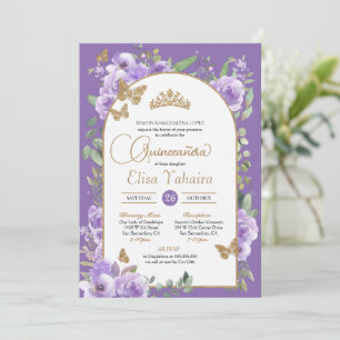 Invitation Aquarelle Purple & Papillon Or Quinceañera