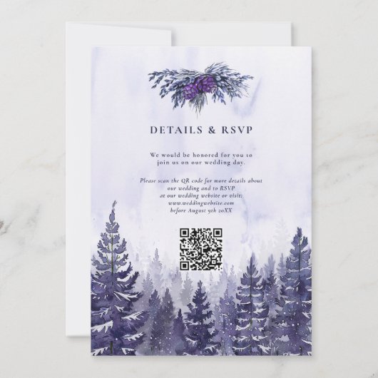 Invitation Aquarelle Purple Pine Tree Forest Code QR Mariage (Dos)