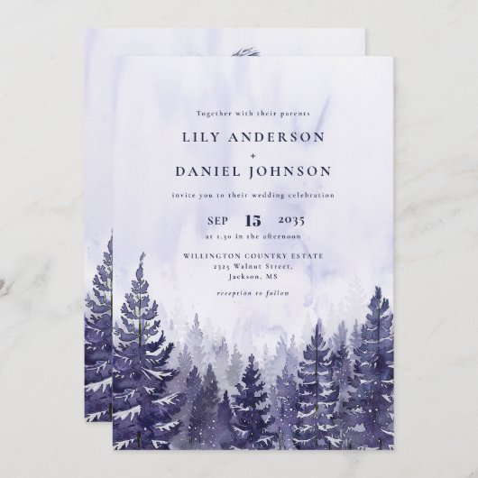 Invitation Aquarelle Purple Pine Tree Forest Code QR Mariage (Devant / Derrière)