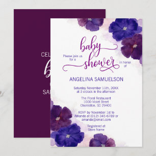 Invitation Aquarelle Purple Plum Bleu BABY SHOWER Floral