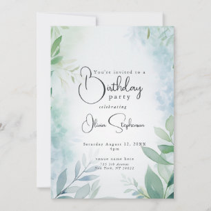 Invitation Aquarelle QR Bleu et feuillage vert Anniversaire