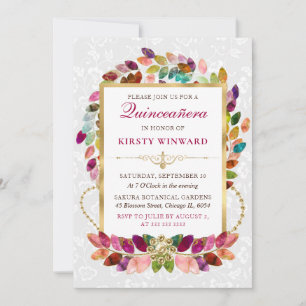 Invitation Aquarelle Quinceanera aux feuilles colorées et feu