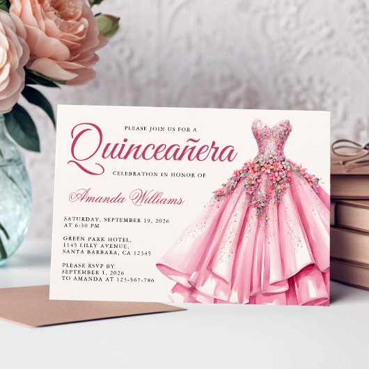 Invitation Aquarelle Quinceanera Rose Gold Gown