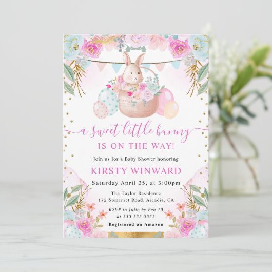 Invitation Aquarelle Rabbit de Pâques et Baby shower de fleur (Debout devant)
