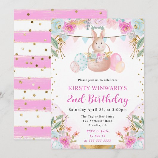 Invitation Aquarelle Rabbit de Pâques et fleurs Anniversaire (Devant / Derrière)