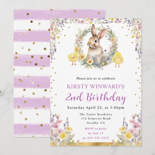 Invitation Aquarelle Rabbit de Pâques et fleurs Anniversaire (Devant / Derrière)