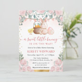 Invitation Aquarelle Rabbit et Baby shower de fleurs roses (Debout devant)