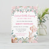 Invitation Aquarelle Rabbit et Baby shower de fleurs roses (Debout devant)