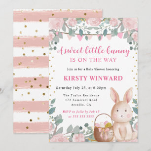 Invitation Aquarelle Rabbit et Baby shower de fleurs roses