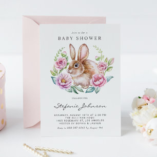 Invitation Aquarelle Rabbit et Baby shower de fleurs roses
