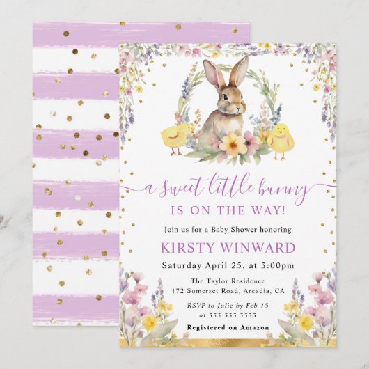 Invitation Aquarelle Rabbit et Baby shower Fleur sauvage (Devant / Derrière)