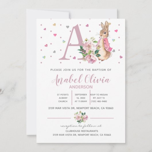Invitation Aquarelle Rabbit Flopsy Baby Girl Baptism (Devant)
