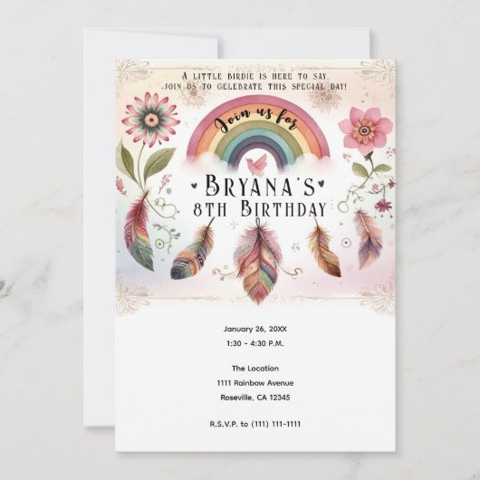 Invitation Aquarelle Rainbow Bird & Feathers Boho Birthday (Devant)