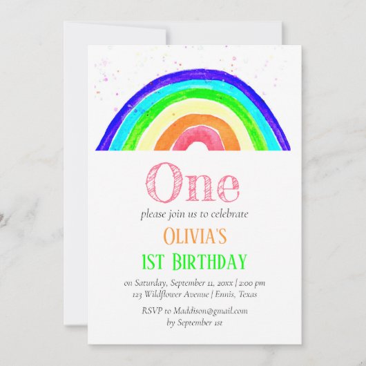 Invitation Aquarelle Rainbow Girl Premier anniversaire (Devant)