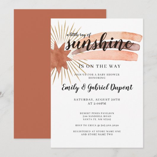 Invitation Aquarelle Rainbow Gold Sun Rays Baby shower (Devant / Derrière)