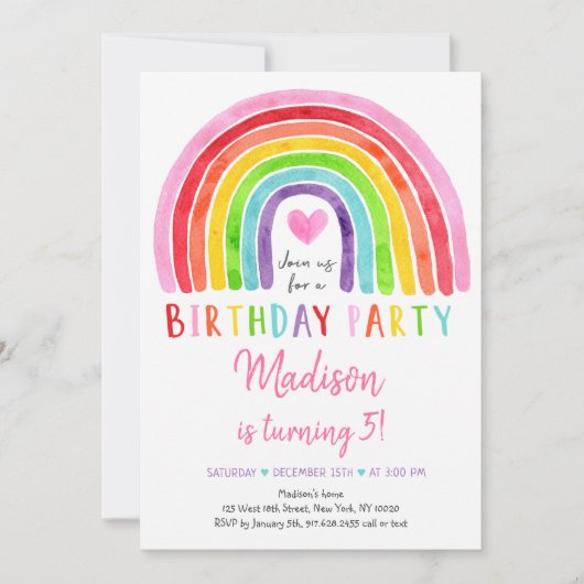 Invitation Aquarelle Rainbow Heart Anniversaire (Devant)