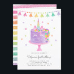 Invitation Aquarelle Rainbow Unicorn Cake Premier anniversair<br><div class="desc">Aquarelle Rainbow Unicorn Cake First Birthday Invitation | Invitation d'anniversaire colorée et festive avec un mignon gâteau à la licorne violette avec des tasselles, des pingles et des étoiles accent. Cette invitation à la licorne est parfaite pour les fêtes d'anniversaire des enfants. Personnalisez en ajoutant vos propres détails. Des éléments...</div>