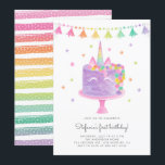 Invitation Aquarelle Rainbow Unicorn Cake Premier anniversair<br><div class="desc">Aquarelle Rainbow Unicorn Cake First Birthday Invitation | Invitation d'anniversaire colorée et festive avec un mignon gâteau à la licorne violette avec des tasselles, des pingles et des étoiles accent. Cette invitation à la licorne est parfaite pour les fêtes d'anniversaire des enfants. Personnalisez en ajoutant vos propres détails. Des éléments...</div>