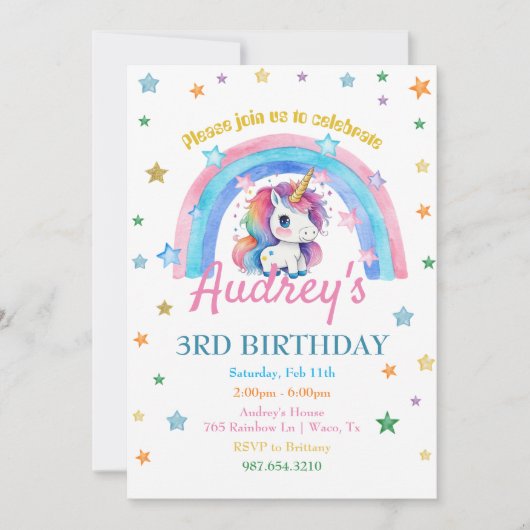 Invitation Aquarelle Rainbow Unicorn fille Anniversaire (Devant)