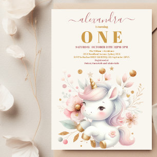 Invitation Aquarelle Rainbow Unicorn Or 1er anniversaire
