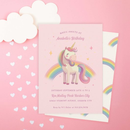 Invitation Aquarelle Rainbow Unicorn rose fête d'anniversaire