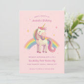 Invitation Aquarelle Rainbow Unicorn rose fête d'anniversaire (Debout devant)