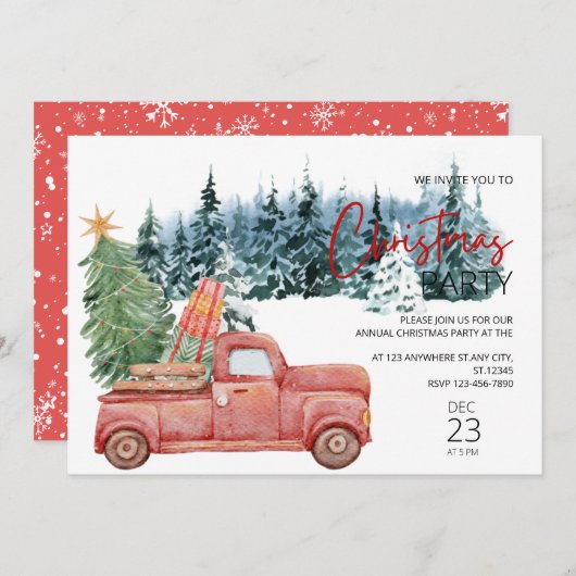 Invitation Aquarelle ramassage Camion rouge Fête de Noël rust (Devant / Derrière)