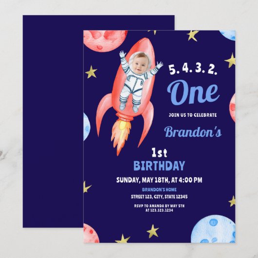 Invitation Aquarelle Red Space Rocket Astronaut 1er anniversa (Devant / Derrière)