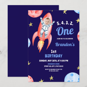 Invitation Aquarelle Red Space Rocket Astronaut 1er anniversa