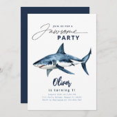 Invitation Aquarelle requin bleu minimaliste Jawsome Party (Devant / Derrière)