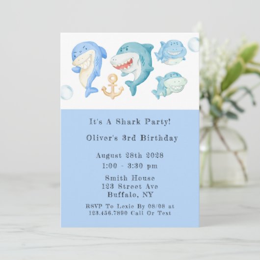 Invitation Aquarelle requins garçon fête d'anniversaire (Debout devant)