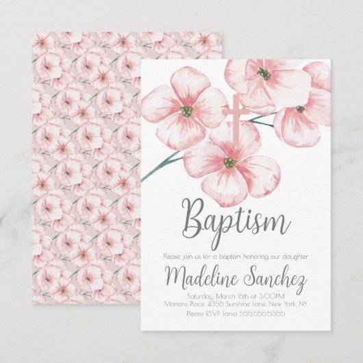 Invitation Aquarelle Ressort Baptême Floral Pink Dédication (Devant / Derrière)