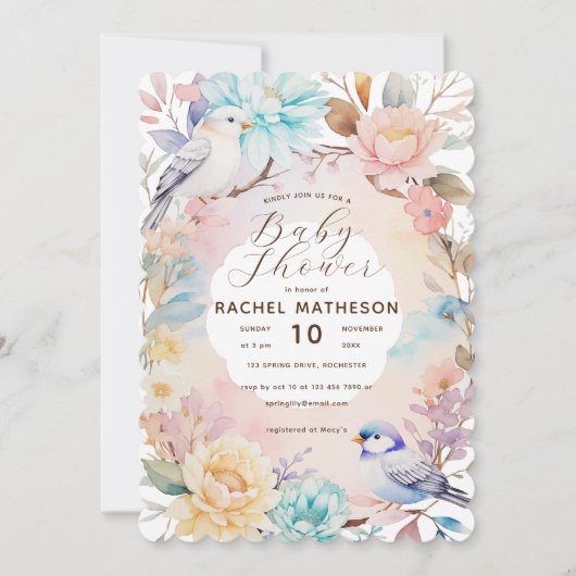 Invitation Aquarelle ressort floral et baby shower d'oiseaux (Devant)