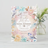 Invitation Aquarelle ressort floral et baby shower d'oiseaux (Debout devant)