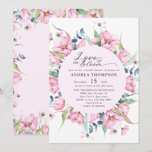 Invitation Aquarelle Ressort rose Fête des mariées florale (Devant / Derrière)